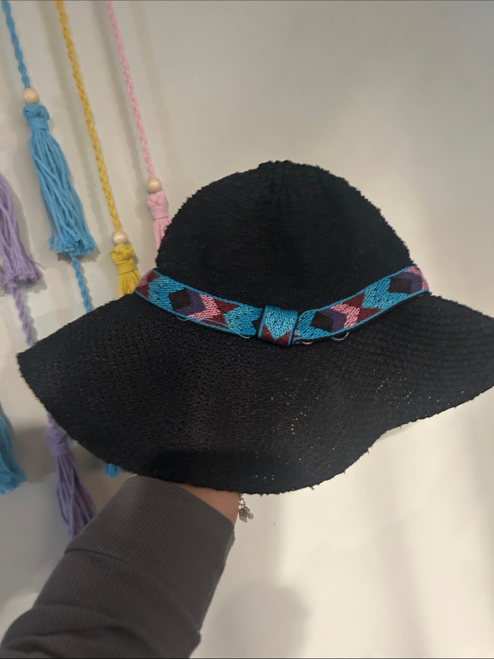 Black Wide-Brim Woven Sun Hat with Aztec Style Turquoise & Purple Band - Picture 6 of 9